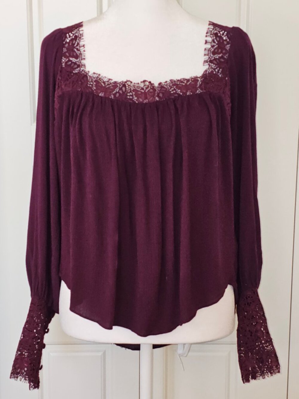 Free People Burgundy Lace Cuff Blouse XS Whimsigoth Romantic Boho Victorian